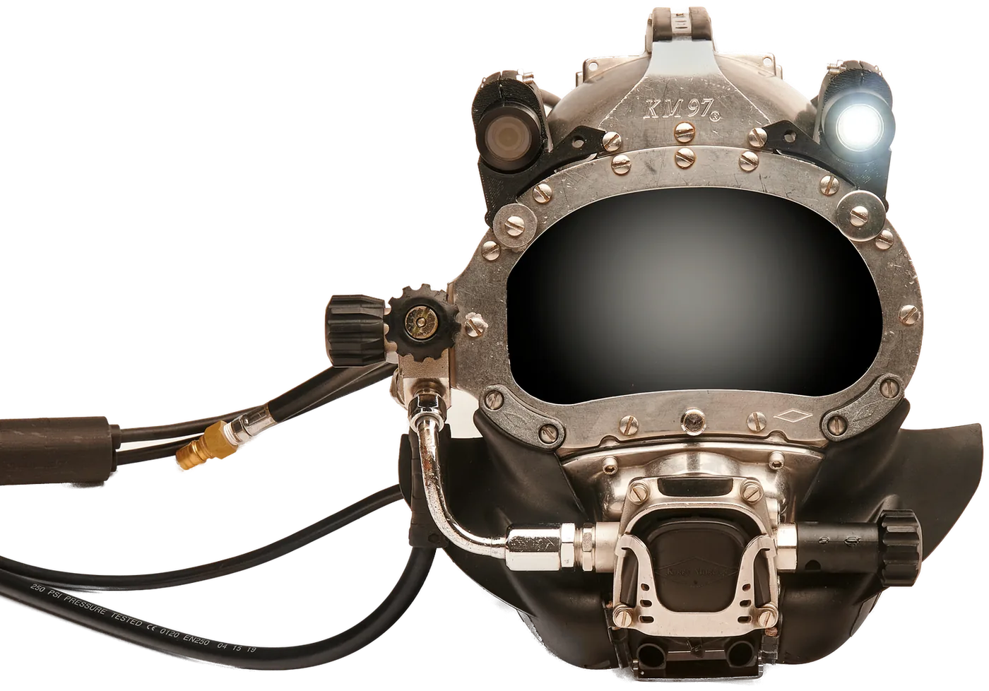 Commercial dive helmet fitted with a Reach camera and LED light