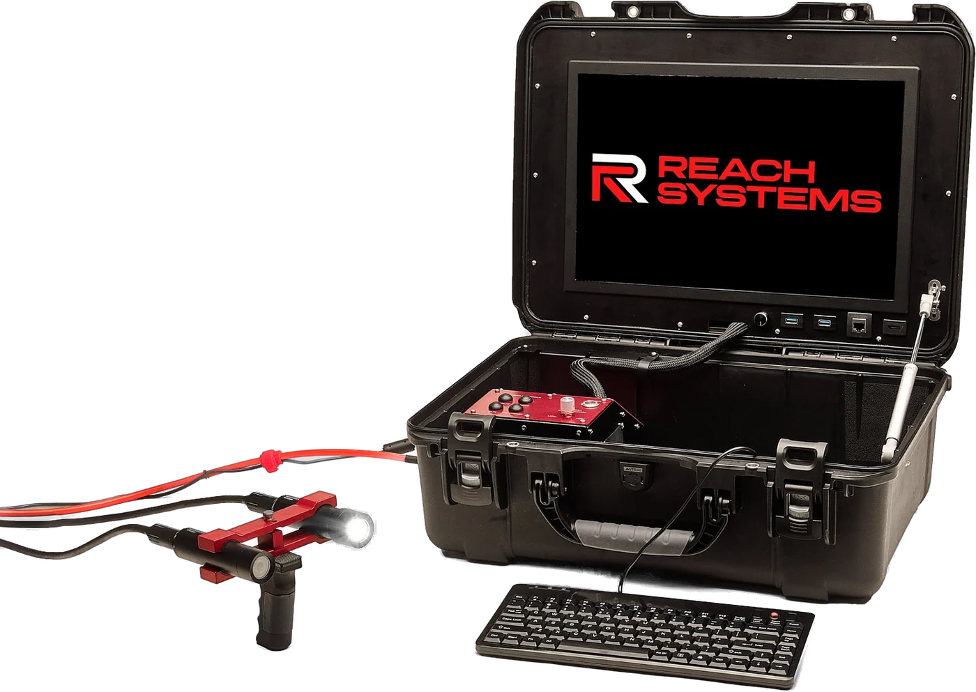 The portable DDCS: Nanuk case with 17-inch touchscreen, control module, keyboard, camera and light on a pistol grip