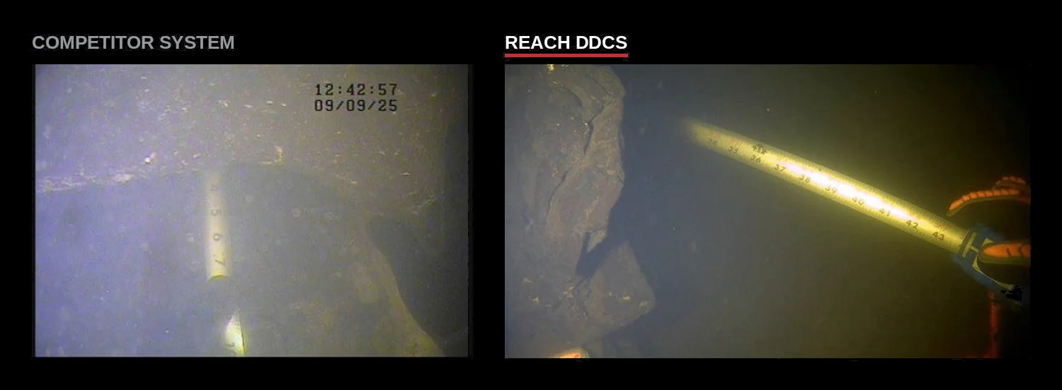 Side-by-side frames: competitor unit and Reach DDCS showing a folding rule on submerged concrete
