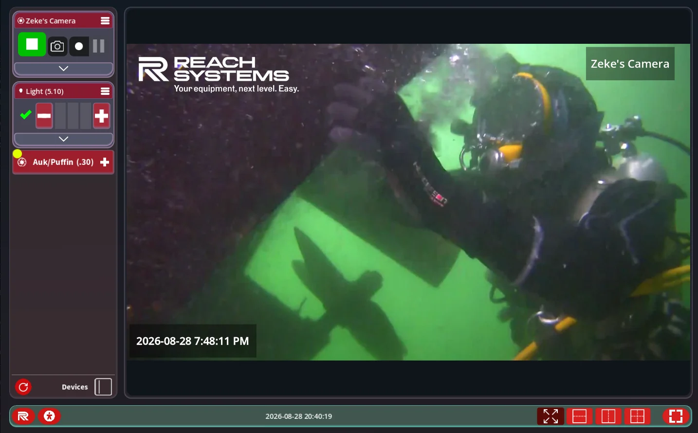 Control software showing a single full-screen diver camera feed